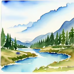 a watercolor drawing of a mountain lake
