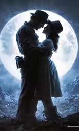 a couple kissing under the moonlight moon by an elephant