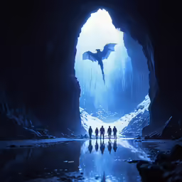 an illustration shows a group of people standing on a small mountain at night while a dinosaur is flying by