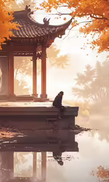 dog in the midst of fall trees sitting near a pond