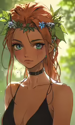 a girl in black top with flowers around her head