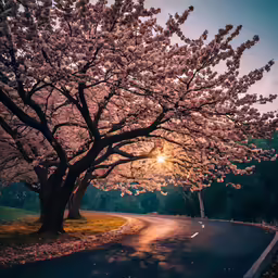 a street with trees on the right and a road on the left and sun in the sky