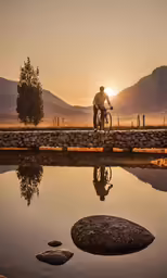 a person on a bike rides over a body of water