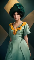 a model wearing a green hat with yellow trim