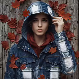 woman with her head turned wearing denim jacket with leaves on the wall