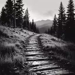 a black and white photo of a forest,black and white photo of an old road leading towards a valley