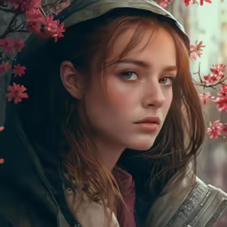a young girl wearing an army hat, and a parka holds up a leaf covered apple blossom
