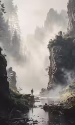 a foggy morning, a man in front of a waterfall