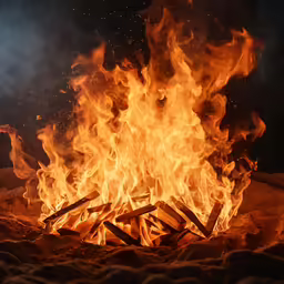 a close up of the flames and wood in the fire pit