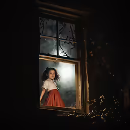a girl looking out the window at a storm