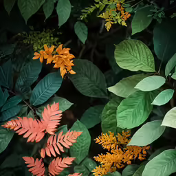 many leaves and flowers are arranged next to each other
