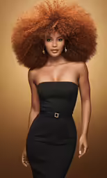 the model with an afro haircut posing for a picture