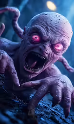 an evil creature pointing a finger with its eyes
