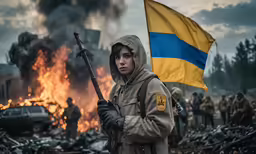 a man with a rifle and flag standing in front of a large pile of wreckage