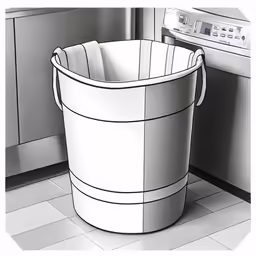 an empty bucket sits in a kitchen next to the oven