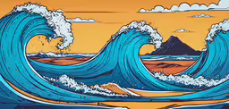 an illustration of waves in the ocean with a mountain,a painting of blue and yellow waves in the ocean