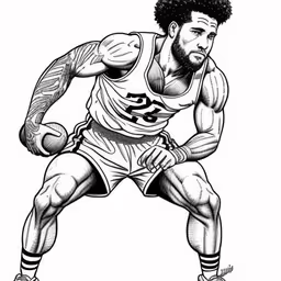 an old fashion basketball player from the 50s drawing,a professional athlete basketball player from the front line,a man with tattoos on his arm standing,the black and white illustration shows a man with an afro,an illustration of an athlete with his arms apart