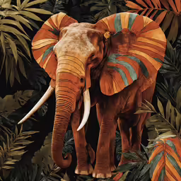 an elephant with tusks and stripes on its head