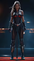 a female hero stands behind a pole in armor