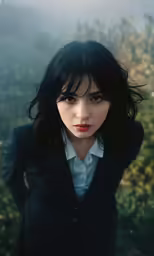 woman standing in front of bushes wearing a dark suit and jacket
