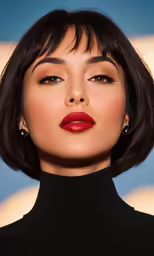 a woman wearing a black shirt and lipstick