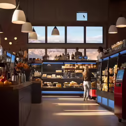a person is waiting in a deli with a few customers