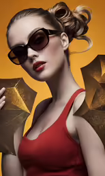 a woman is standing in front of an orange background
