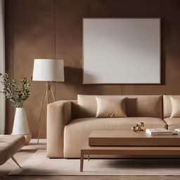 an interior space with a couch, coffee table and two white lamps
