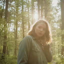 a woman standing in the woods wearing a jean jacket