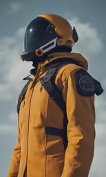 a person wearing a helmet and jacket with the sky in the background