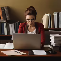 a woman looks at the screen of her laptop while studying in her office