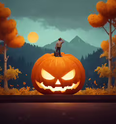 a man standing on top of a carved pumpkin,a man on top of a giant pumpkin with a forest background