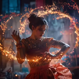 the woman is dressed in a long dress