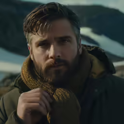 a man with a beard wearing a tan scarf