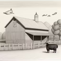 a sheep standing on a dirt road next to a barn