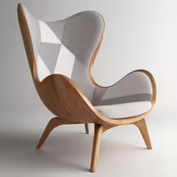 the unique chair in a wood frame and grey fabric