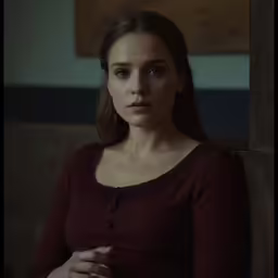 a young woman in a red shirt leaning against a wooden wall