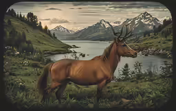 a deer standing in a field with a lake and mountains behind it