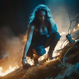 a woman kneeling down in front of fire