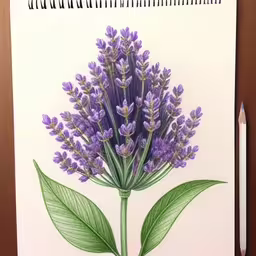 a drawing of purple flowers with a green leaf