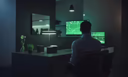 a man in front of computer at night with a green monitor