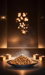 a plate full of cookies sitting next to lit candles
