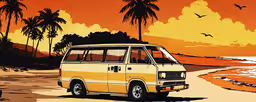 this painting shows a yellow van driving along the beach as the sun goes down,a van is parked on the side of the road