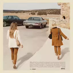 two people are walking on the sidewalk near cars