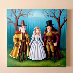 an image of a family dressed up for their wedding,a painting with an image of a bride and groom next to trees