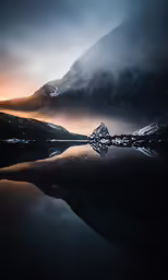 a mountain range with a lake on the bottom and clouds above