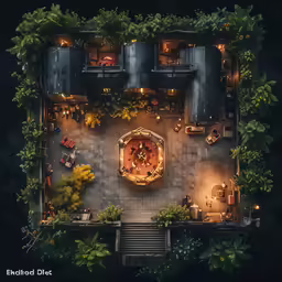 overhead view of a patio with trees and benches