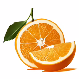 a single orange sliced in half with green leaves and slices of the fruit