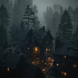 a village is lit up at night in front of trees