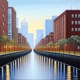 the view from a street has many buildings on either side,a painting of a city canal between two buildings,a painting of a cityscape with reflection in the water,a painting of the street and buildings along a water canal,an illustration of a large body of water next to city buildings